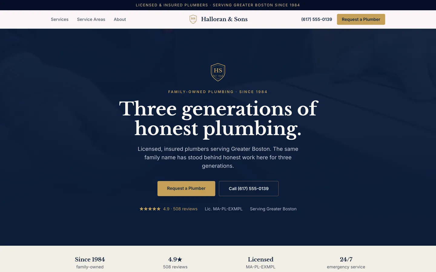 A Spotlight sample website for a plumbing business