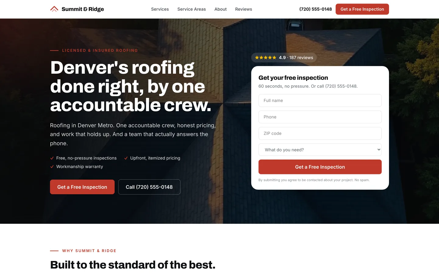 A Spotlight sample website for a roofing business