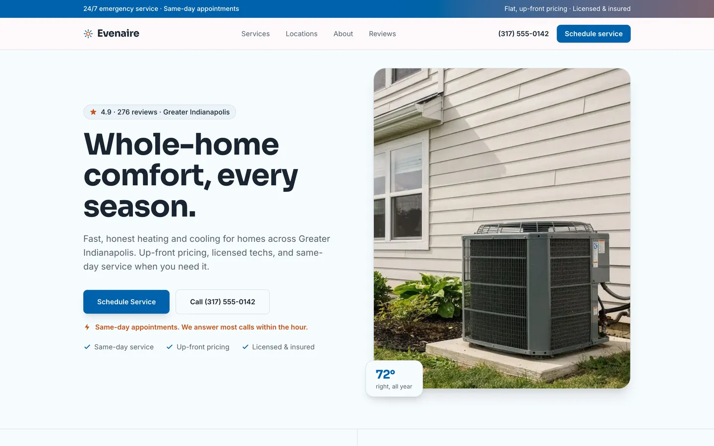 A Spotlight-built website for a sample HVAC business