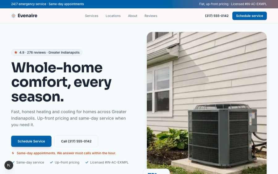 The Solstice site, a sample build for a hvac business